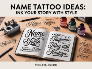 A sketchbook with decorative Name Tattoo designs sits on a desk with tattoo inks, a tattoo machine, and calligraphy samples. The text reads: Name Tattoo Ideas: Ink Your Story with Style.