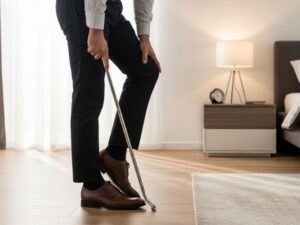 Person using a shoe horn long handle to wear shoes comfortably